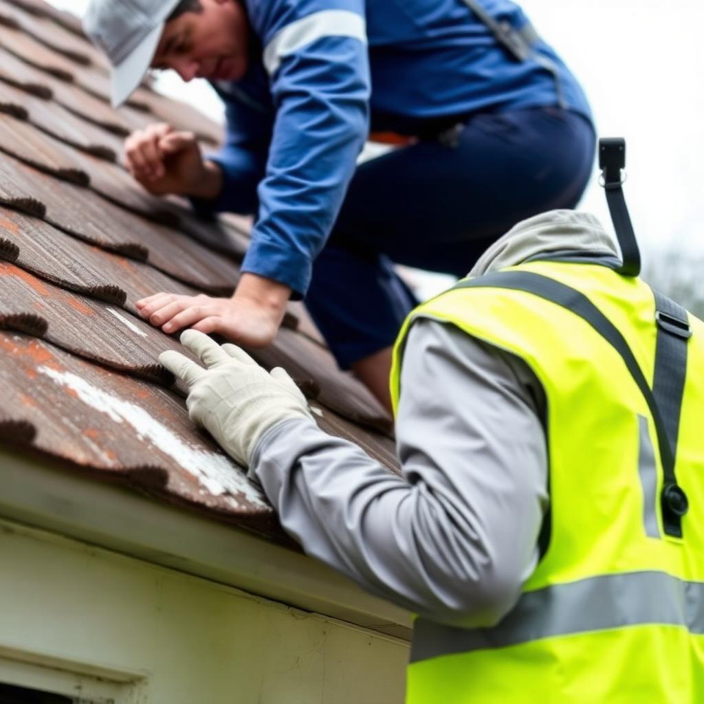 Roofer inspecting a leaking section of a residential tiled roof
