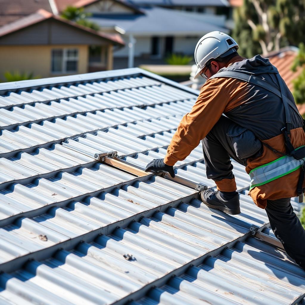 Roofer working on a residential Colorbond metal roof in a Melbourne suburb