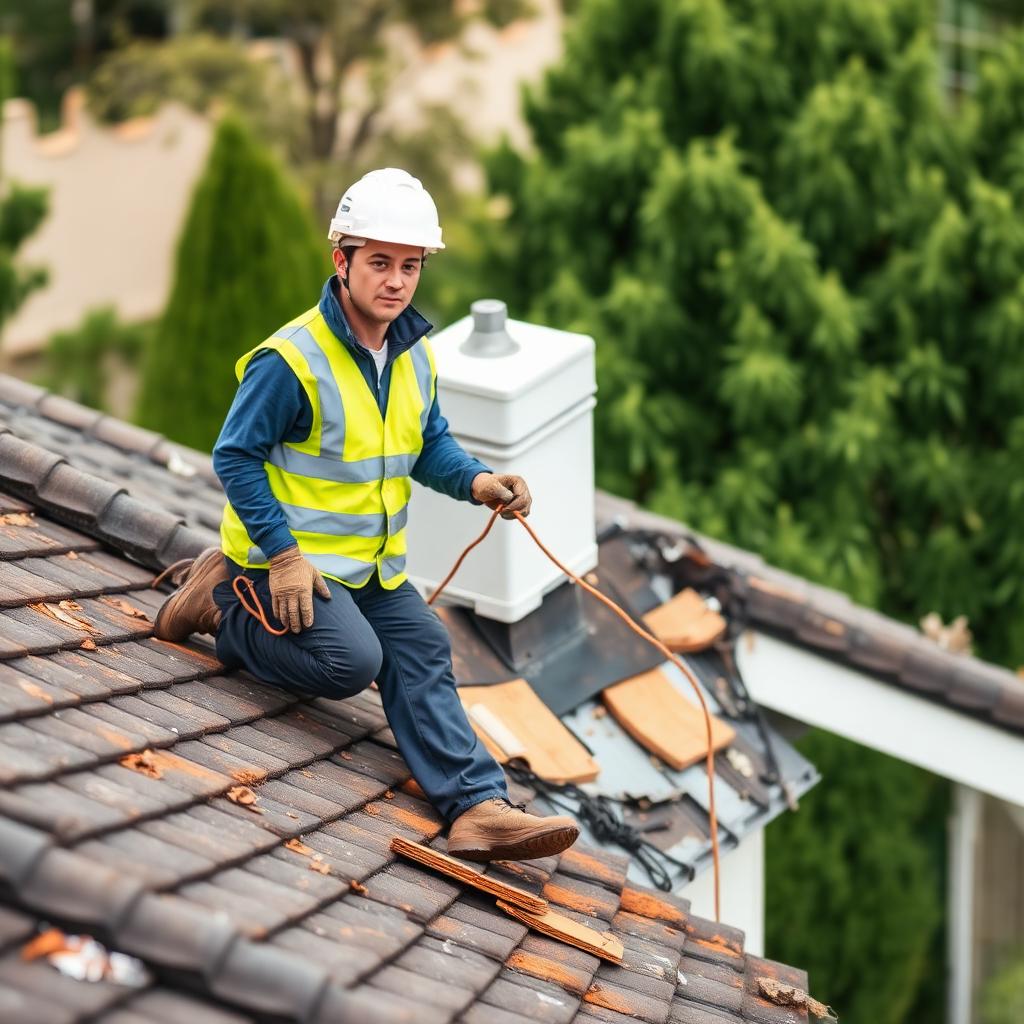 Roofer in high-vis repairing a damaged residential roof on a Melbourne home